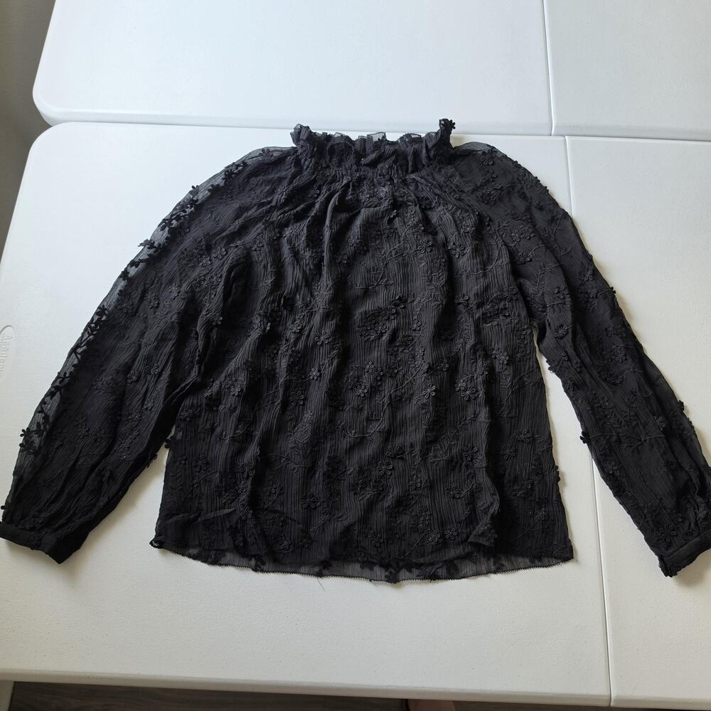 Rebecca Taylor Blouse 4 Black Floral Embroidered High Neck Ruffle Whimsigoth